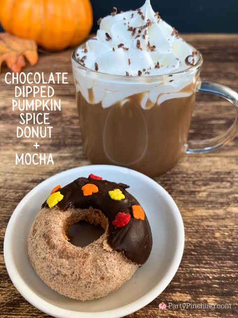 pumpkin spice donuts and coffee pairing flight, chocolate dipped pumpkin spice mini donut and mocha latte recipe