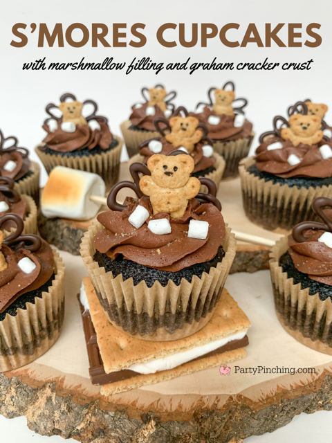 Beary cute s'mores cupcakes, s'mores cupcakes, cute teddy graham smore's cupcakes, marshmallow filled s'mores cupcakes, graham cracker crust s'mores cupcakes, s'mores cupcakes with marshmallow and graham crackers, best chocolate frosting recipe ever, easy homemade chocolate frosting, marshmallow fluff filling, best ever smores cupcake recipe with mini mallow bits marshmallow topping