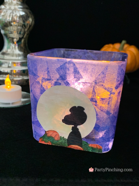 Great Pumpkin Candle Holder Craft, stained glass tissue paper Mod Podge candle holder, Dollar tree glass candle holder, easy fun Candle holder Halloween DIY craft ideas for kids, Charles Schulz Museum Halloween Great Pumpkin workshops with Norene Cox