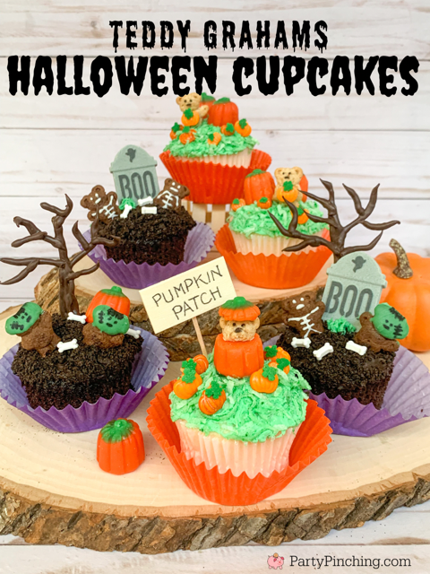 teddy graham spooky halloween cupcakes, cute teddy graham cupcakes, best cute easy to make halloween cupcakes for kids, not too spooky halloween too cute to spook halloween, best kids halloween party food ideas, best halloween graveyard cupcakes, candy tombstone cake, chocolate trees bone sprinkles, teddy graham skeletons, teddy graham frankenstein