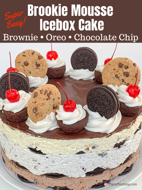 brookie mousse icebox cake, no bake icebox cake 3 layer mousse cake, easy mousse cake with Cool Whip, super easy showstopper dessert recipe, easy dessert for guests company, easy dessert recipe, super easy best cool whip dessert cake mousse, oreo brownie cookies and cream chocolate chip cookie mousse cake, easy chocolate ganache, tictok famous cool whip jello pudding mousse