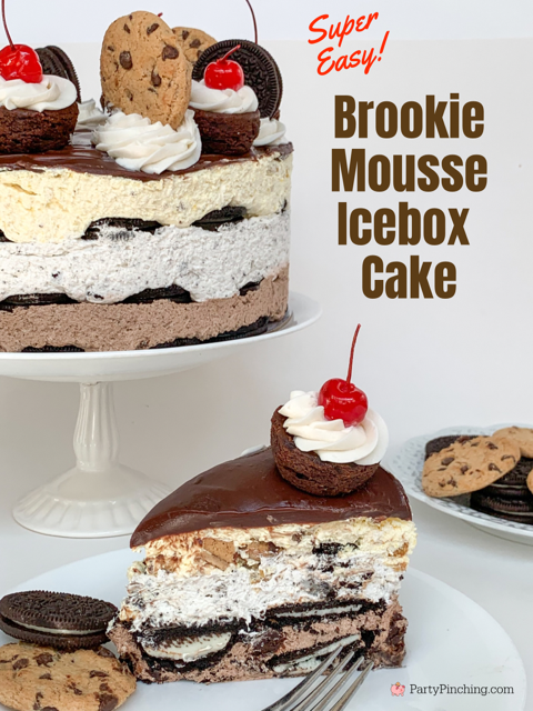 brookie mousse icebox cake, no bake icebox cake 3 layer mousse cake, easy mousse cake with Cool Whip, super easy showstopper dessert recipe, easy dessert for guests company, easy dessert recipe, super easy best cool whip dessert cake mousse, oreo brownie cookies and cream chocolate chip cookie mousse cake, easy chocolate ganache