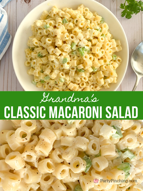 Grandma's classic macaroni salad, grandma's best macaroni salad, easy best classic macaroni salad recipe, best recipes for potlucks or picnics, best salad recipe for a crowd, best church potluck recipes, easy macaroni salad