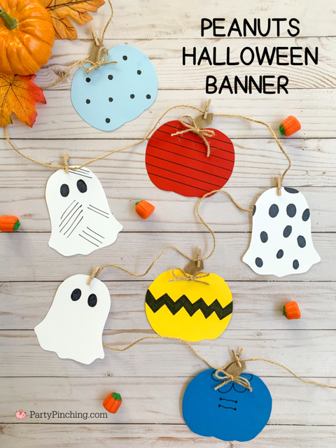 Great Pumpkin Banner, Peanuts Halloween Banner, Easy charlie brown snoopy linus lucy sally ghost Great Pumpkin craft idea for kids, easy best Great Pumpkin Halloween Banner decorations and food party ideas, Charles M. Schulz museum Great Pumpkin workshops by Norene Cox