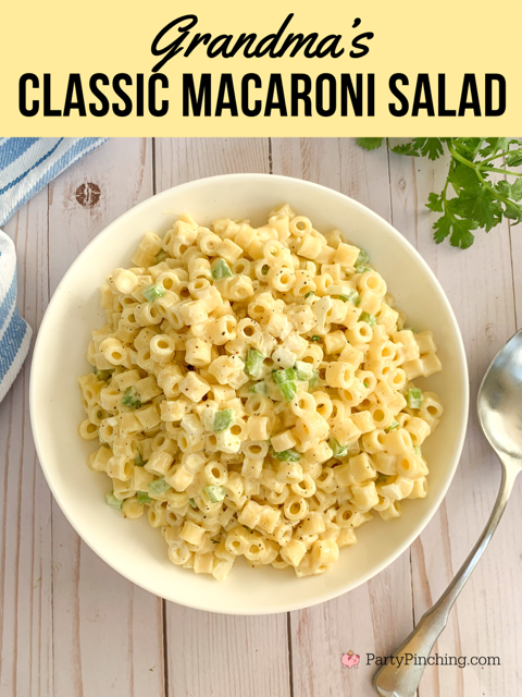 grandma's classic macaroni salad, grandma's best macaroni salad, easy best classic macaroni salad recipe, best recipes for potlucks or picnics, best salad recipe for a crowd, best church potluck recipes, easy macaroni salad