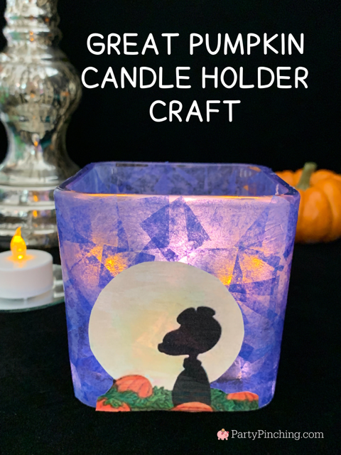 Great Pumpkin Candle Holder Craft, stained glass tissue paper Mod Podge candle holder, Dollar tree glass candle holder, easy fun Candle holder Halloween DIY craft ideas for kids, Charles Schulz Museum Halloween Great Pumpkin workshops with Norene Cox