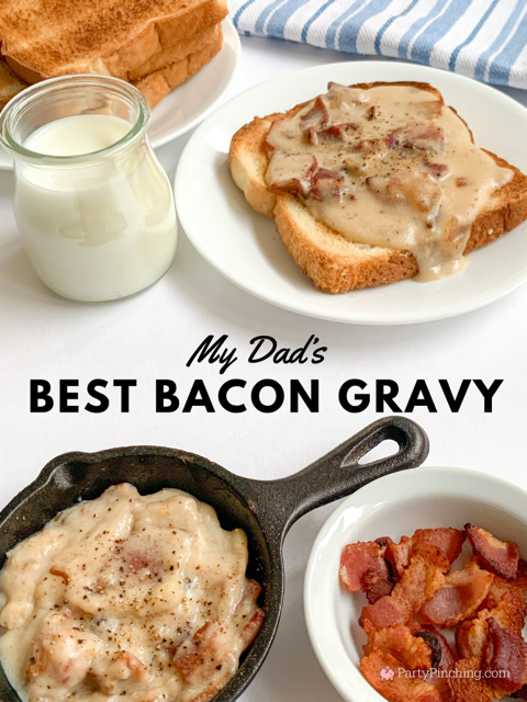 best bacon gravy, my dad's best bacon gravy over biscuits toast, easy bacon gravy  brunch breakfast dinner, 30 minute meals