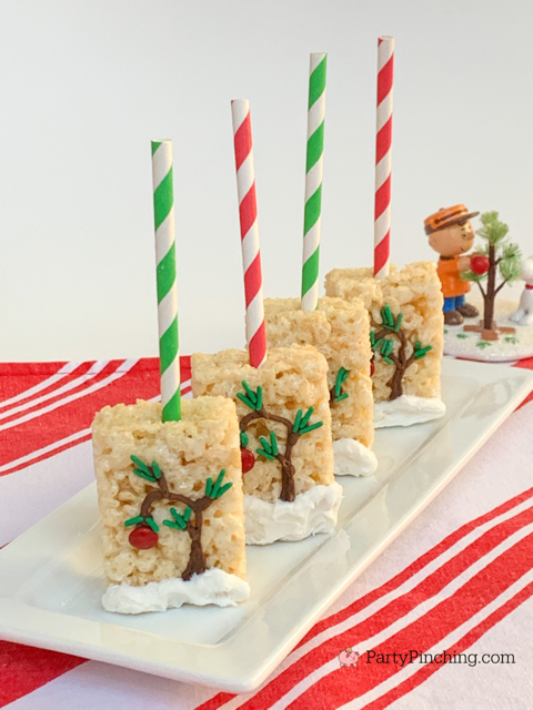 Charlie Brown Christmas Tree treats, Charlie Brown Christmas Tree Rice Krispie Treats, easy cute Christmas no bake ideas recipes for kids, food crafts for the holidays, easy diy Christmas gifts kids can make, snoopy, charlie brown, peanuts gang, Charles M Schulz museum santa rosa CA, Norene Cox party pinching, christmas kids adults workshops at the Schulz Museum