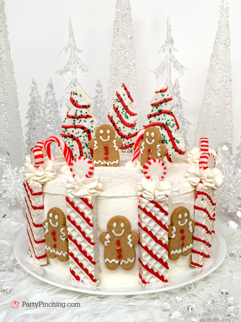Little Debbie Christmas Cake, Little Debbie Christmas Tree Cake, Little Debbie North Pole Nutty Buddy, Red and white gingerbread cake, peppermint candy cane gingerbread cake, easy to decorate christmas cake. no decorating skill needed Christmas dessert cake