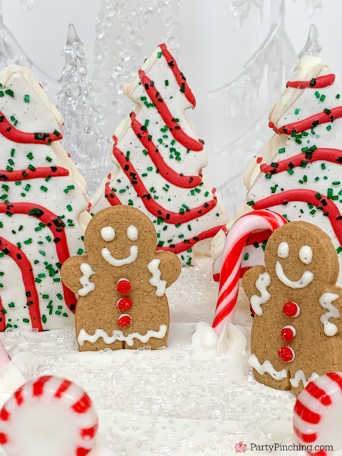 Little Debbie Christmas Cake, Little Debbie Christmas Tree Cake, Little Debbie North Pole Nutty Buddy, Red and white gingerbread cake, peppermint candy cane gingerbread cake, easy to decorate christmas cake. no decorating skill needed Christmas dessert cake