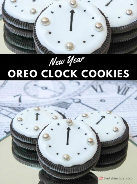 New Year Oreo Clock Cookies, cute New Year's eve cookies, easy best New Year's eve party food dessert ideas recipes, Oreo Cookie clocks no bake easy to make cookies for New Year's Eve party, cute cookie ideas for kids New Year's eve only 3 ingredients