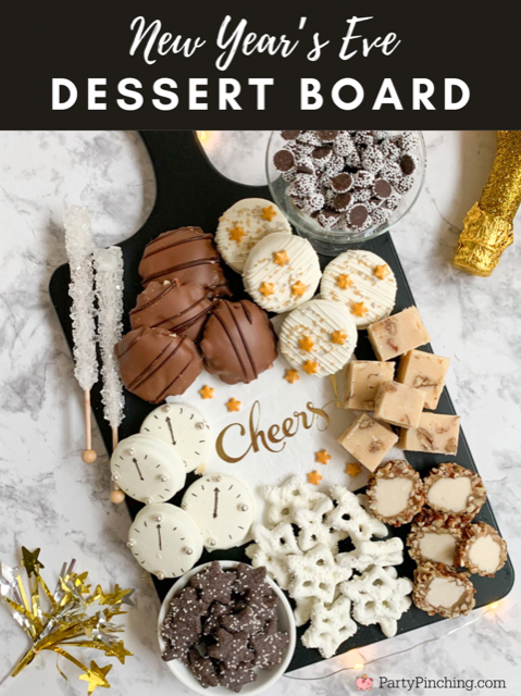 New Year's Eve Dessert Board, New Year's Eve charcuterie board, New Year's eve snack board, best easy New Year's eve recipes food party ideas, clock cookies, best charcuterie board ideas, Trader Joe's star cookies, 