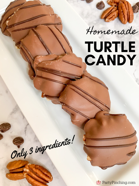 Homemade turtle candy, easy best homemade turtle candy, christmas homemade candy, milk chocolate turtle candy, chocolate caramel pecan candy, 30 minute dessert recipes, best Christmas candy for gift giving, Thanksgiving candy, 3 ingredient candy
