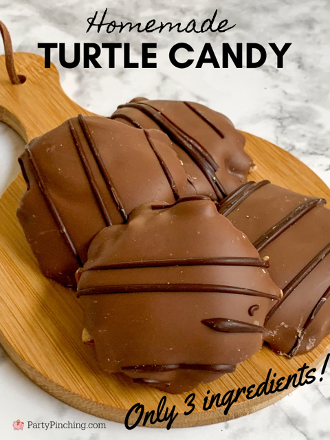 Homemade turtle candy, easy best homemade turtle candy, christmas homemade candy, milk chocolate turtle candy, chocolate caramel pecan candy, 30 minute dessert recipes, best Christmas candy for gift giving, 3 ingredient candy
