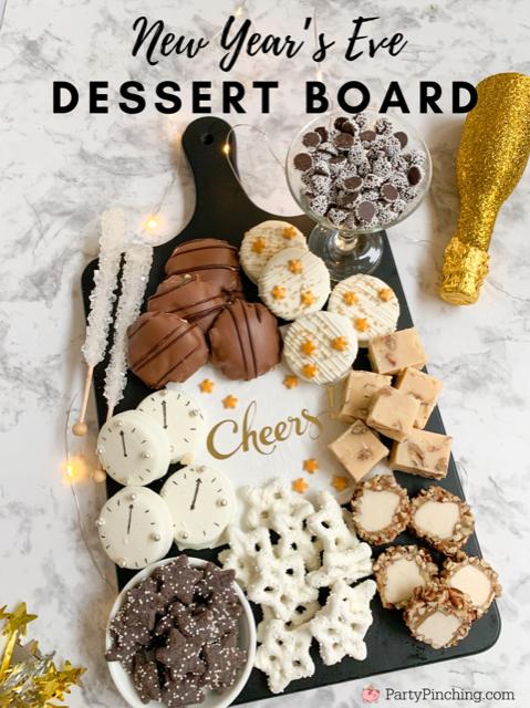 New Year's Eve Dessert Board, New Year's Eve charcuterie board, New Year's eve snack board, best easy New Year's eve recipes food party ideas, clock cookies, best charcuterie board ideas, Trader Joe's star cookies,