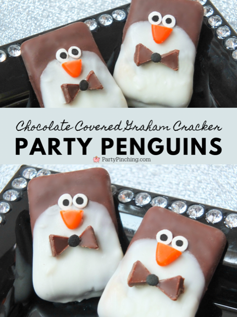Chocolate covered graham cracker party penguins, black tie party penguin cookies, new year's eve party food desserts, best easy new Year's eve party ideas recipes, cute penguin cookies, no bake penguin cookies, no bake new Year's eve dessert ideas, chocolated covered graham cracker cookies