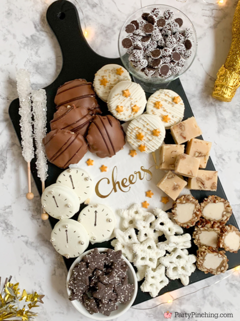 New Year's Eve Dessert Board, New Year's Eve charcuterie board, New Year's eve snack board, best easy New Year's eve recipes food party ideas, clock cookies, best charcuterie board ideas, Trader Joe's star cookies, 