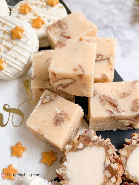 butter pecan fudge, New Years eve dessert board New Year's Eve party charcuterie board, snack board