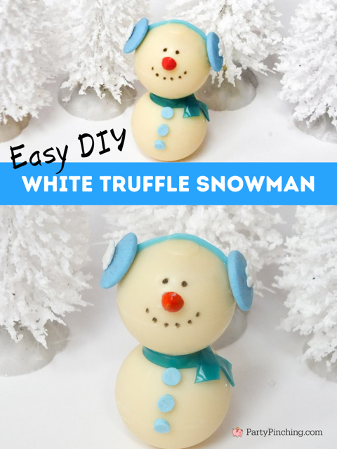 Lindt White Chocolate Truffle Snowman, cute white chocolate snowman truffle, adorable snowman truffle white chocolate candy cupcake cake topper, white chocolate snowman with earmuffs and scarf, easy kid friendly white chocolate snowman, Lindor truffles, best easy Christmas candy for kids no bake