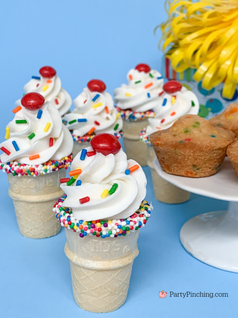 birthday cake mini muffin cones, Little Debbie birthday cake mini muffins, easy no bake dessert for birthday, birthday cake no bake recipe, easy best birthday ideas, cake cones, mini cakepop cones, cute funfetti mini muffins, confetti muffin cones