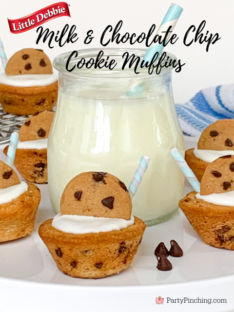 milk and chocolate chip cookie muffins, cute cookie cups, Little Debbie mini chocolate chip cookie muffins, big pack Little Debbie muffins, cute chocoalte chip cookie muffins, easy best chocolate chip mini muffin recipe ideas for kids, cute cookie cup muffins for straws