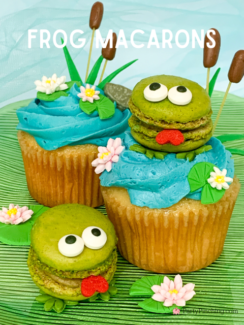 frog macarons, cute frog cookies, best easy frog macarons, decorated frozen store bought macarons, fishing party theme ideas, leap year cookies cupcakes, cute frog cookies no bake, cute frog leap hear cupcakes