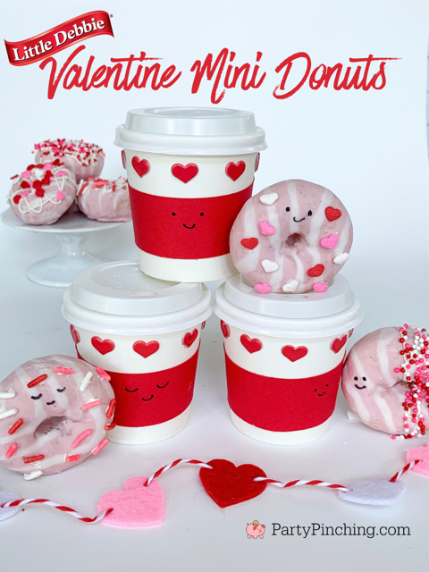 valentine mini donuts, no bake valentine dessert treat donut, perfect pair donuts and coffee, cute we go together perfect pair coffee and donuts, Little Debbie valentine mini donuts, best easy Valentine food dessert recipe ideas for kids, cute easy adorable Valentine's Day food party ideas for office school classroom