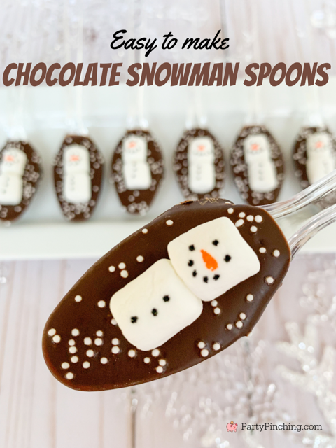 chocolate snowman spoons, hot chocolate snowman spoons, DIY chocolate spoons, easy fun gifts for Christmas for neighbors coworkers teachers friends family, inexpensive homemade Christmas gift ideas, chocolate marshmallow snowman spoons for hot chocolate cocoa coffee milk, cute chocolate spoons, 3 ingredient chocolate spoons
