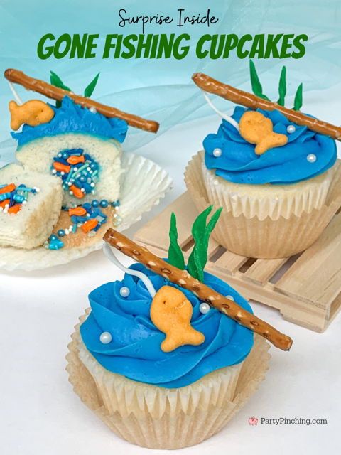 gone fishing cupcakes, fishing cupcakes, father's day cupcake dessert food ideas, easy father's day gift ideas, fishing under the sea cupcakes, summer cupcake easy best, best easy fishing cupcakes goldfish crackers, best surprise inside cupcake ideas recipes, easy surprise sprinkle inside cupcakes fishing cupcake, best picnic potluck food dessert ideas