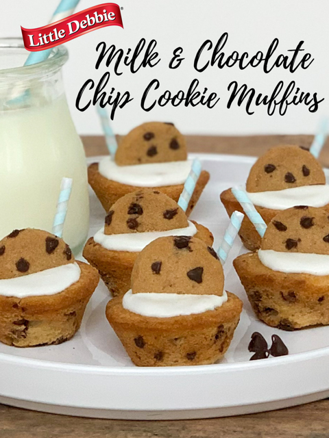milk and chocolate chip cookie muffins, cute cookie cups, Little Debbie mini chocolate chip cookie muffins, big pack Little Debbie muffins, cute chocoalte chip cookie muffins, easy best chocolate chip mini muffin recipe ideas for kids, cute cookie cup muffins with straws, First spread the frosting on top of the muffin, leaving a rim around the edge of the muffin
Next place half of a mini chocolate chip cookie in the middle of the frosting
Now wind some Washi tape around the lollipop stick and cut into 1” sections for the straw
Then stick the straw in the top of the muffin
