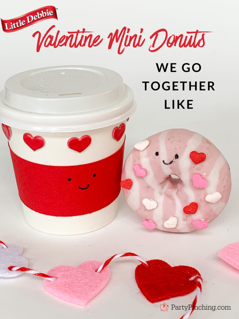 valentine mini donuts, no bake valentine dessert treat donut, perfect pair donuts and coffee, cute we go together perfect pair coffee and donuts, Little Debbie valentine mini donuts, best easy Valentine food dessert recipe ideas for kids, cute easy adorable Valentine's Day food party ideas for office school classroom