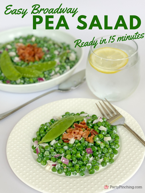 easy classic broadway pea salad, best easy pea salad recipe, pea salad bacon water chestnuts red onion snow pea pods, best summer potluck picnic recipe, best salad for church potlucks, best salad for family holidays, easy quick side dishes, frozen peas, easy thanksgiving easter christmas side dishes everyone loves