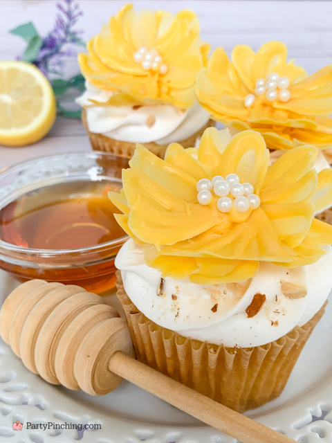 Honey Almond cupcakes, real honey box cake mix cupcakes, bridal shower baby shower cupcakes, best honey almond cupcakes with candy coating flowers, beautiful pretty flower cupcakes made with candy melts candy coating