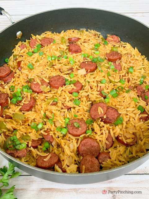 one pot cajun sausage and orzo, creole sausage and orzo dinner, easy 20 minute meal, fast quick easy meals, budget friendly cheap meals, family meals under 30 minutes on a dime budget friendly, flavorful seasoned meals, Tony Chacheres creole cajun seasoning meal with sausage peppers orzo