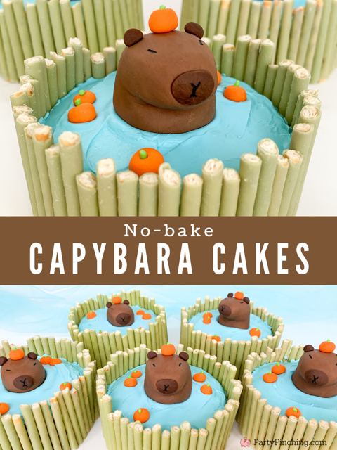 capybara mini cakes, capybara cakes, cute capybara cupcakes, capybara moon pies, adorable capybara cake, fondant capybara, step by step tutorial capybara cake recipe, best capybara cake, capybara with orange on head fondant cupcake cake topper, easy best capybara fondant cake, pocky cake, no bake capybara cake, capybara cupcake toppers