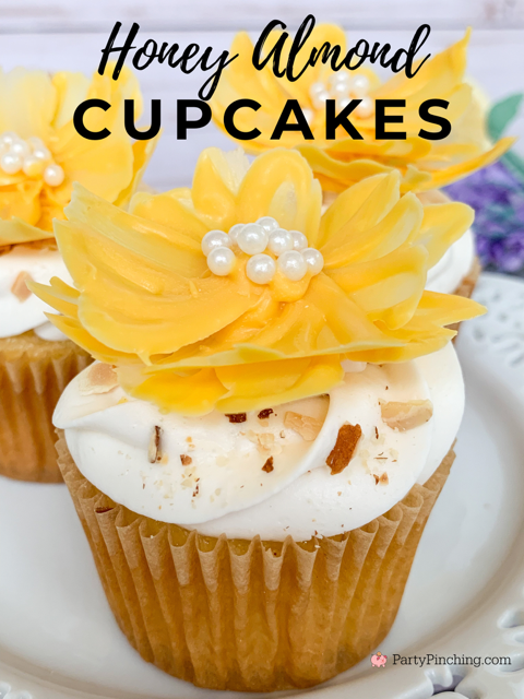 Honey Almond cupcakes, real honey box cake mix cupcakes, bridal shower baby shower cupcakes, best honey almond cupcakes with candy coating flowers, beautiful pretty flower cupcakes made with candy melts candy coating