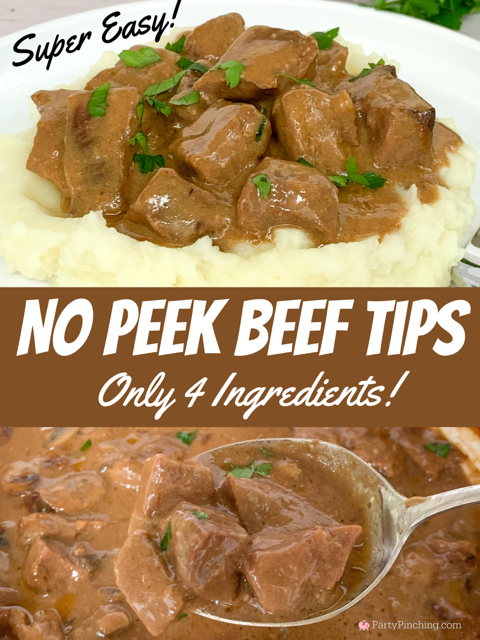 No peek beef tips, best easy no peek beef tips, 4 ingredient recipe meal beef tips, easy no prep meals, dump and go meals, easy comfort food beef tips, easy family kid friendly meals, 5 minute prep meals