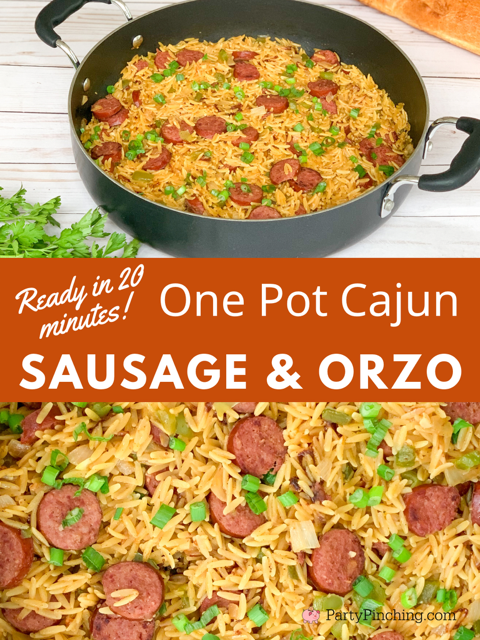 one pot cajun sausage and orzo, creole sausage and orzo dinner, easy 20 minute meal, fast quick easy meals, budget friendly cheap meals, family meals under 30 minutes on a dime budget friendly, flavorful seasoned meals, Tony Chacheres creole cajun seasoning meal with sausage peppers orzo