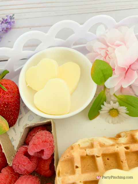 Mother's Day Breakfast Board, Mother's Day Brunch Tray, Mother's Day Charcuterie Board ideas, best easy Mother's Day brunch breakfast ideas, fruit heart waffles heart butter deviled eggs cherry jello meringues, cute pretty easy breakfast in bed ideas for mom on Mother's Day