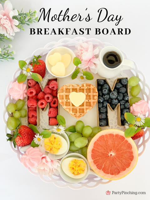 Mother's Day Breakfast Board, Mother's Day Brunch Tray, Mother's Day Charcuterie Board ideas, best easy Mother's Day brunch breakfast ideas, fruit heart waffles heart butter deviled eggs cherry jello meringues, cute pretty easy breakfast in bed ideas for mom on Mother's Day