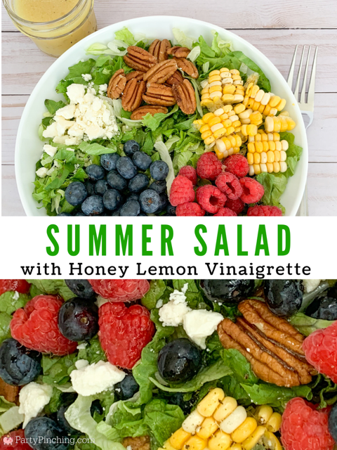 summer salad, light refreshing best easy summer salad, fruit feta cheese berries fresh corn pecans, honey lemon vinaigrette homemade dressing