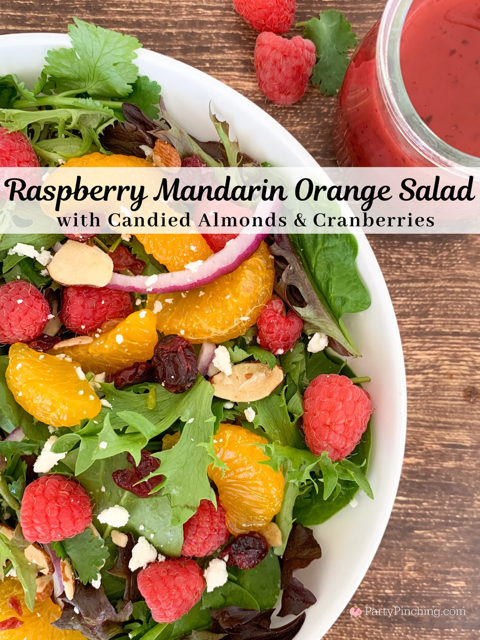 best Raspberry Mandrin orange salad, best easy raspberry mandrin orange salad with raspberry vinaigrette candied almonds and dried cranberries, best holiday side salad, easy best light side salad, easy best light summer salad, easy best light fall salad recipe for the holidays, Christmas easter Thanksgiving salad recipe fast and easy best