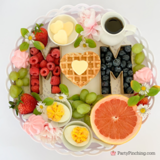 Mother's Day Breakfast Board, Mother's Day Brunch Tray, Mother's Day Charcuterie Board ideas, best easy Mother's Day brunch breakfast ideas, fruit heart waffles heart butter deviled eggs cherry jello meringues, cute pretty easy breakfast in bed ideas for mom on Mother's Day