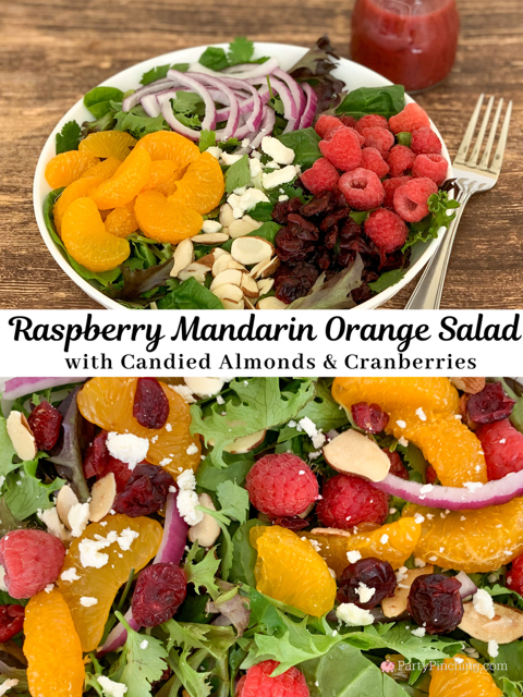 best Raspberry Mandarin orange salad, best easy raspberry mandrin orange salad with raspberry vinaigrette candied almonds and dried cranberries, best holiday side salad, easy best light side salad, easy best light summer salad, easy best light fall salad recipe for the holidays, Christmas easter Thanksgiving salad recipe fast and easy best