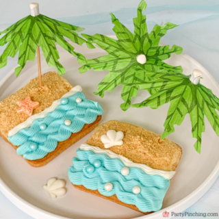 beach pound cakes, mini beach pound cakes, cute summer beach cakes, Drake's cakes pound cakes, easy no bake summer beach cakes with umbrella palm trees, cute easy best beach theme cakes for kids