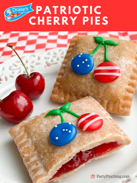 Patriotic Cherry Pies, 4th of July cherry pies, mini hand pies, no bake 4th of July mini cherry pies, no bake 4th of july dessert, red white and blue food recipe ideas for the 4th of July, easy best 4th of July recipes, Drakes mini Cherry pies, Drake's Cakes mini pies
