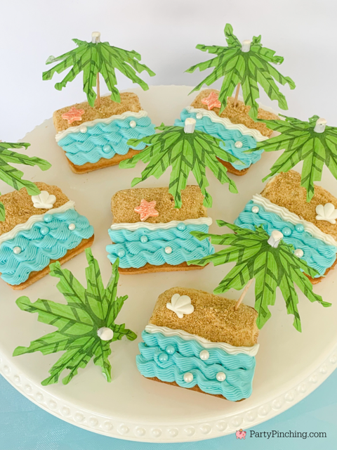 beach pound cakes, mini beach pound cakes, cute summer beach cakes, Drake's cakes pound cakes, easy no bake summer beach cakes with umbrella palm trees, cute easy best beach theme cakes for kids