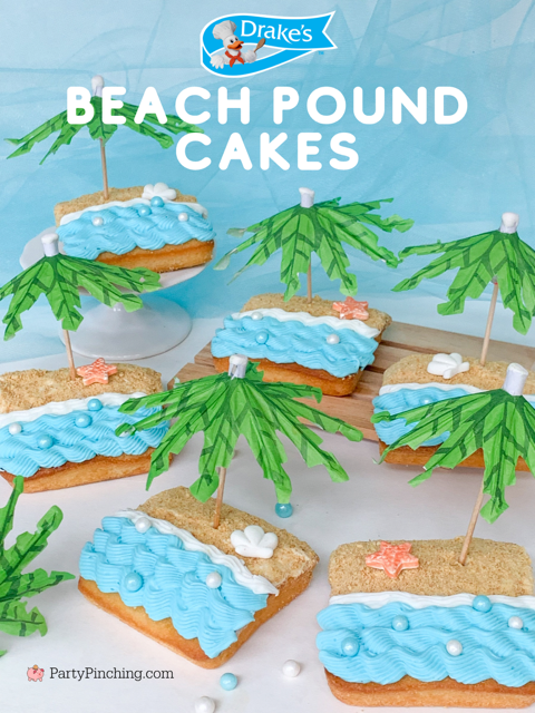 beach pound cakes, mini beach pound cakes, cute summer beach cakes, Drake's cakes pound cakes, easy no bake summer beach cakes with umbrella palm trees, cute easy best beach theme cakes for kids