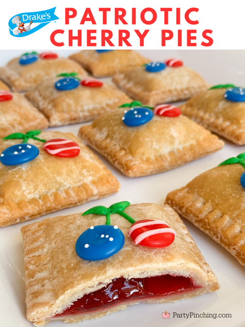 Patriotic Cherry Pies, 4th of July cherry pies, mini hand pies, no bake 4th of July mini cherry pies, no bake 4th of july dessert, red white and blue food recipe ideas for the 4th of July, easy best 4th of July recipes, Drakes mini Cherry pies, Drake's Cakes mini pies