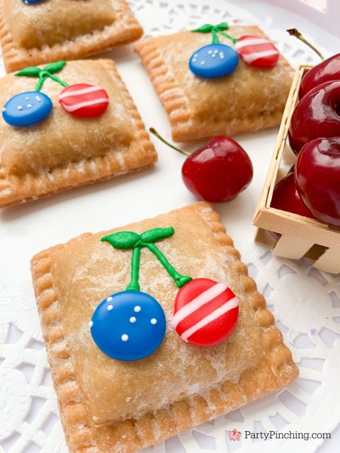 Patriotic Cherry Pies, 4th of July cherry pies, mini hand pies, no bake 4th of July mini cherry pies, no bake 4th of july dessert, red white and blue food recipe ideas for the 4th of July, easy best 4th of July recipes, Drakes mini Cherry pies, Drake's Cakes mini pies